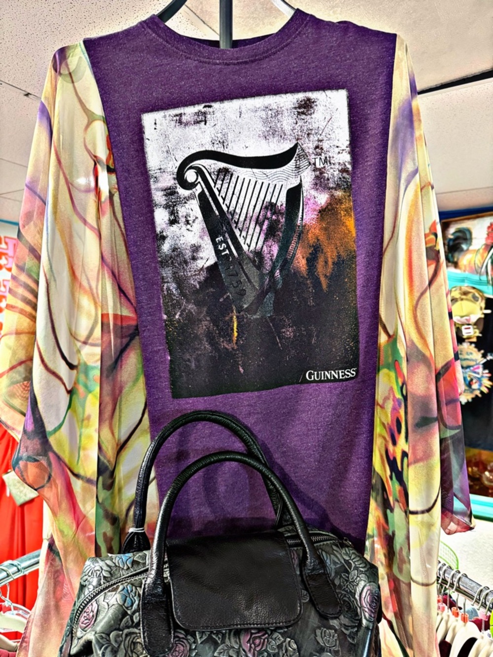 Guinness Purple Graphic Tee with Multicolor Sheer Duster Overlay
Free Size